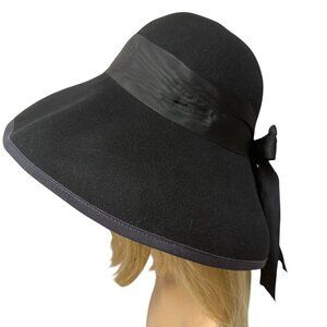 RALPH LAUREN Womens Hat with Bow Black Felt Wide Brim Formal Kentucky Derby